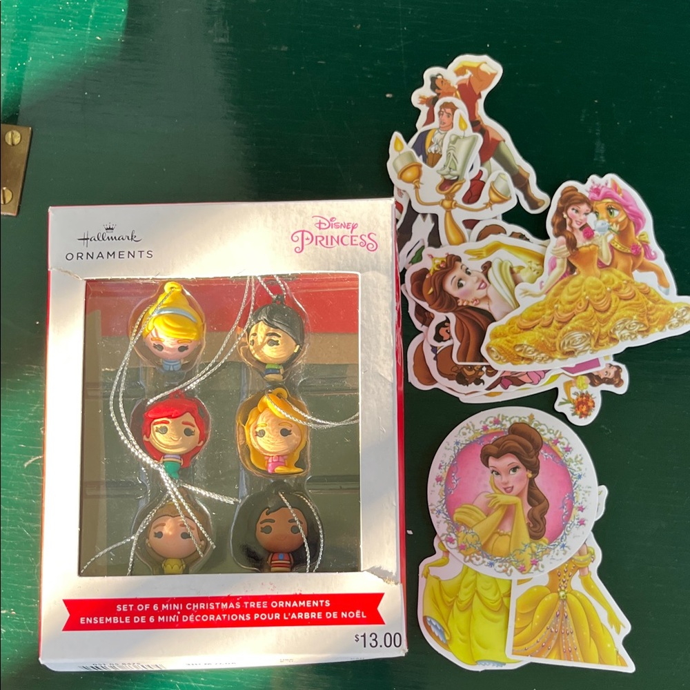 Hallmark Disney Princess Mini Ornament Set, Belle Stickers, Jasmine rubber stamp